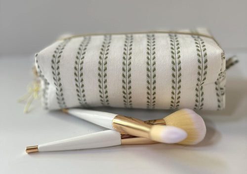 White + Green Leaves Zipper Bag - Boxy Bag- Makeup Pouch - Travel Bag - Wedding