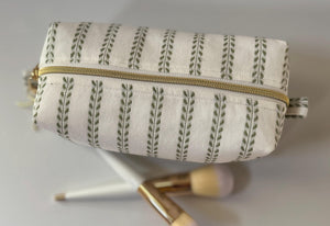 White + Green Leaves Zipper Bag - Boxy Bag- Makeup Pouch - Travel Bag - Wedding