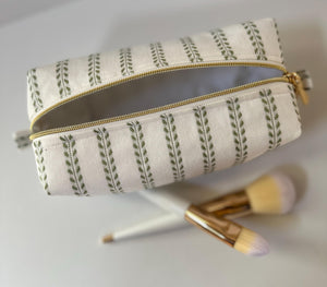 White + Green Leaves Zipper Bag - Boxy Bag- Makeup Pouch - Travel Bag - Wedding