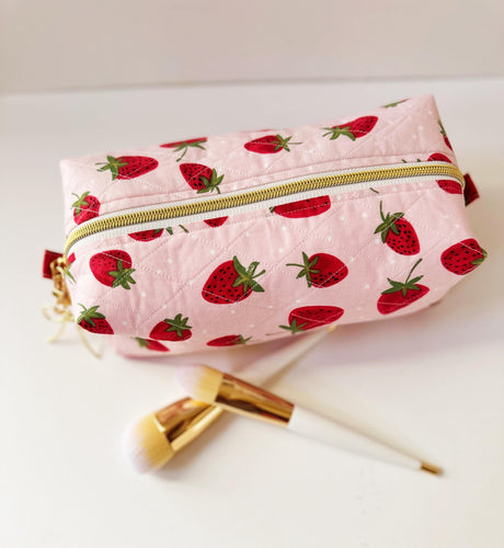 Quilted Strawberry Pattern Zipper Bag - Boxy Bag- Makeup Pouch - Travel Bag - Wedding
