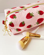 Load image into Gallery viewer, Quilted Strawberry Pattern Zipper Bag - Boxy Bag- Makeup Pouch - Travel Bag - Wedding
