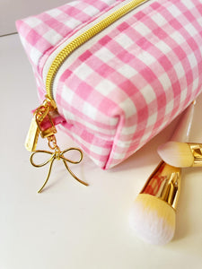 Pink Gingham Pattern Zipper Bag - Boxy Bag- Makeup Pouch - Travel Bag - Wedding