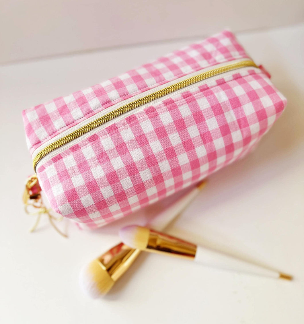 Pink Gingham Pattern Zipper Bag - Boxy Bag- Makeup Pouch - Travel Bag - Wedding