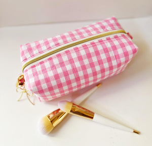 Pink Gingham Pattern Zipper Bag - Boxy Bag- Makeup Pouch - Travel Bag - Wedding