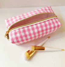 Load image into Gallery viewer, Pink Gingham Pattern Zipper Bag - Boxy Bag- Makeup Pouch - Travel Bag - Wedding

