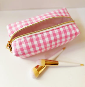 Pink Gingham Pattern Zipper Bag - Boxy Bag- Makeup Pouch - Travel Bag - Wedding