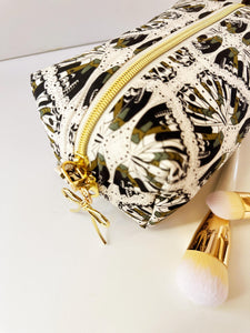 Vintage Moth Pattern Zipper Bag - Boxy Bag- Makeup Pouch - Travel Bag - Wedding